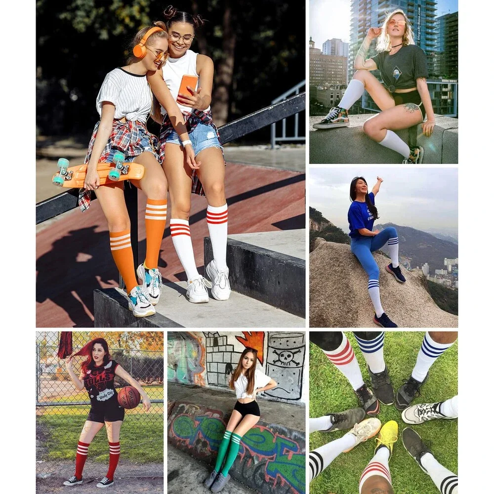 Joulli Women's Black Knee High Athletic Socks Stripe Tube Outdoor 3 PAIRS BW